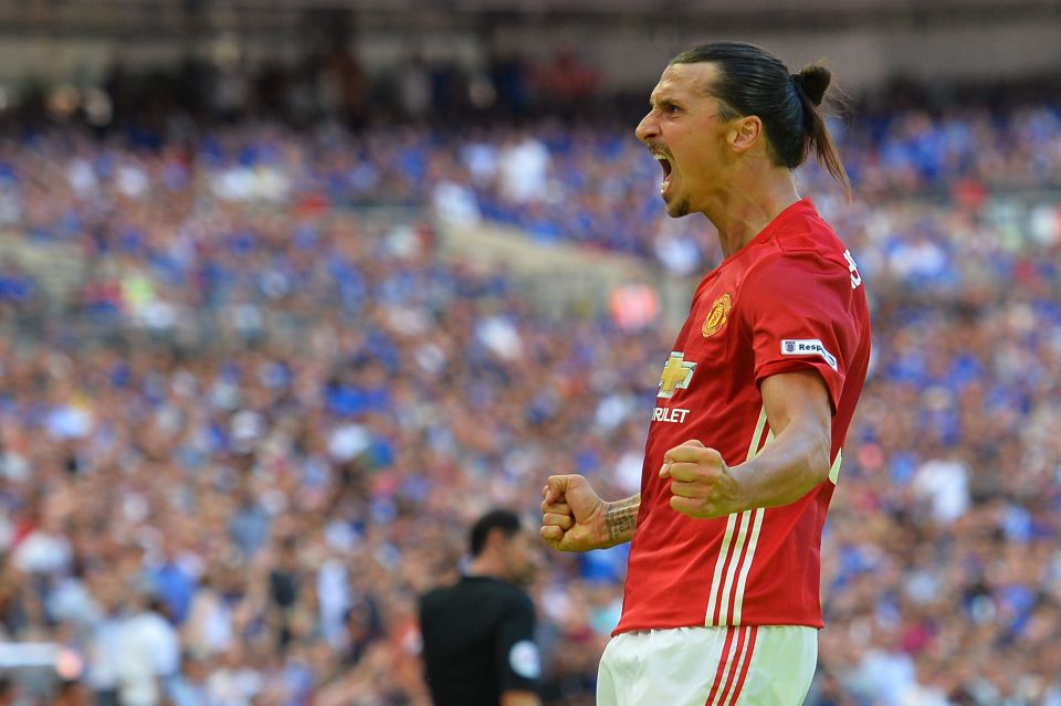 Manchester United's Swedish striker Zlatan Ibrahimovic celebrates scoring their second goal during the FA Community Shield football match between Manchester United and Leicester City at Wembley Stadium in London on August 7, 2016. / AFP / GLYN KIRK / NOT FOR MARKETING OR ADVERTISING USE / RESTRICTED TO EDITORIAL USE (Photo credit should read GLYN KIRK/AFP/Getty Images)