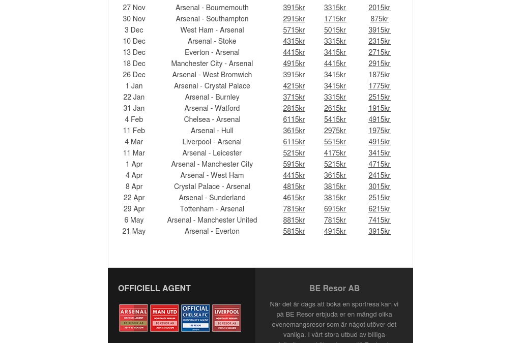 Arsenal biljetter från 788kr